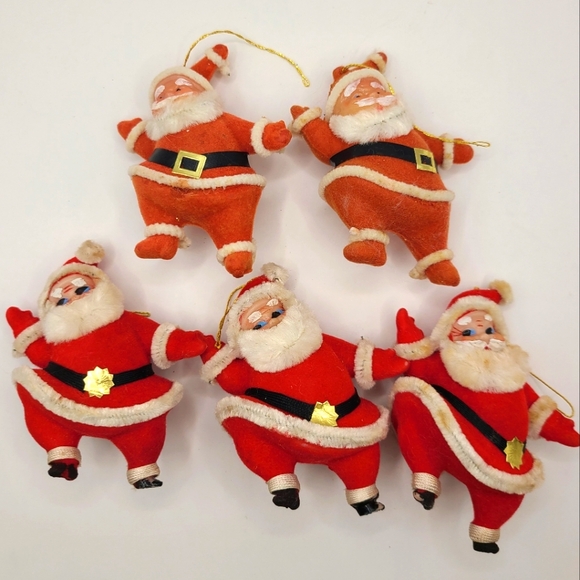 Lot of 5 Vintage Flocked Dancing Santa Ornaments - Picture 1 of 7